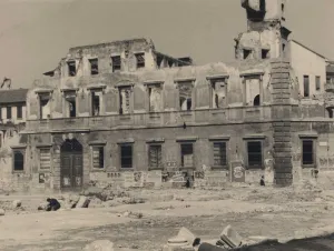 Photograph of a damaged building.