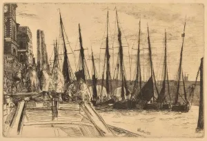 Wharf scene with fishing boats and figures