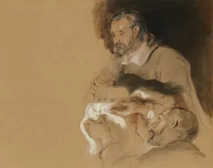 chalk drawing of two men holding crown for burial