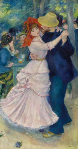 painting of man and woman dancing closely outside with others drinking in background