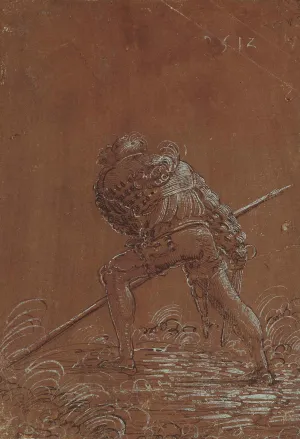 pen and ink drawing on brown paper of a lunging soldier holding a spear