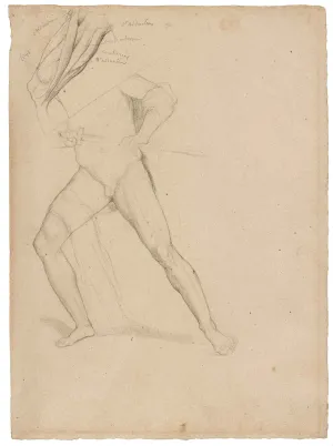 drawing of a male nude holding a sword lunging to the left with his left hand on his hip