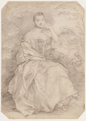 Black chalk and pencil drawing of a woman seated in a landscape