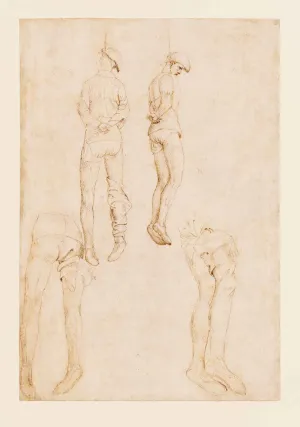 drawn pen and ink study on paper of two men hanging