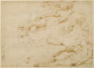 three sketches of Venus reclining in the nude in different poses, attended by Cupid