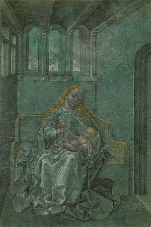 drawing on blue paper of the Virgin and Child seated on a bench in an interior with three windows