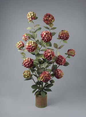 porcelain sculpture of a yellow and pink hydrangea in a terracotta pot