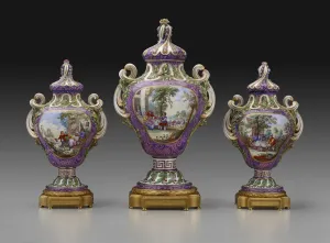 set of three potpourris vases with one larger version, each decorated with figures in a landscape, surrounded by purple and gold