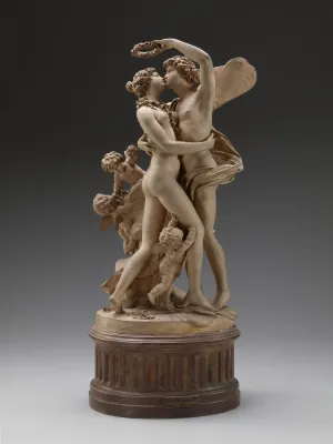 Terracotta sculpture of two nude mythological figures, a male and a female, embracing one another, surrounded by three nude babies with wings