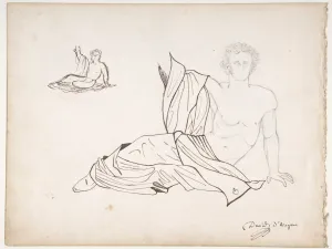graphite, pen, and brown ink drawing of man in a toga, reclining, with one arm raised