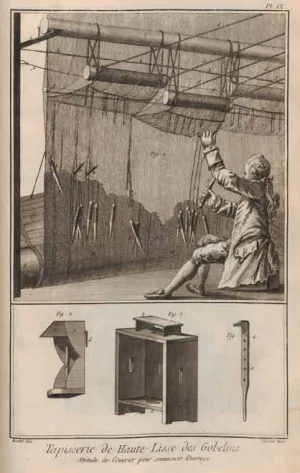 Engraving of a man weaving a tapestry