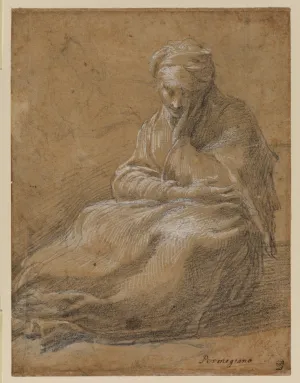 black chalk drawing of seated woman asleep with hand on cheek
