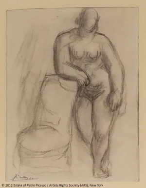 charcoal drawing of standing female nude with arm on chair
