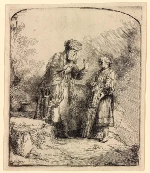 Rembrandt etching depicting biblical scene where Abraham is speaking to Isaac