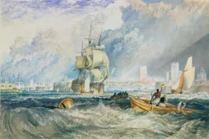 watercolor of ships and small boats on open water with city in background