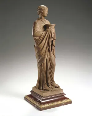 Alternate view of a terracotta statue of a standing goddess wrapped in drapery and holding an urn