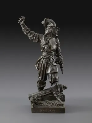 bronze sculpture of standing man in European military uniform with pistol, holding saber aloft (blade detached)