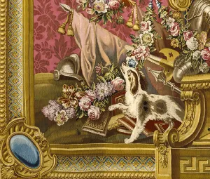 Close-up of tapestry with dog, flowers, textiles, and armor