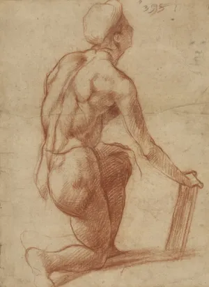 Drawing of a kneeling unclothed male figure looking to the right 