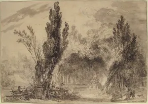 Drawing of a park with trees and sculpture features.