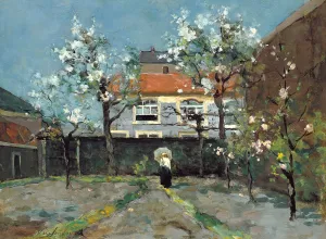 Painting of woman with parasol walking in courtyard 