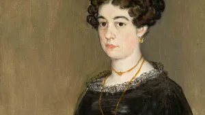 portrait of a young woman with curly dark hair