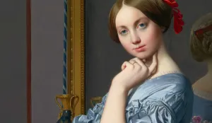 oil painting of a woman in a blue dress leaning against a dresser in front of a mirror