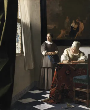 A painting of two women, one writing a letter
