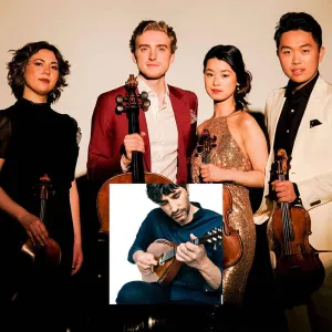 photo of musicians holding instruments and inset of man playing mandolin