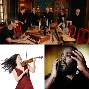 collage of musicians at table, woman with violin, and man posing hands