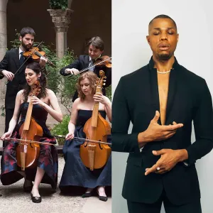 photo of musicians on left and man posing on right