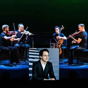 photo of four musicians performing on stage and inset of man