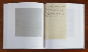 Book spread featuring a minimalist gray artwork at left and a reproduction of a handwritten note at right that reads "I hope I have made it clear that the work is about perfection as we are aware of it in our minds but that the paintings are very far from being perfect - completely removed in fact - even as we ourselves are."