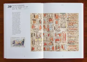 Book spread featuring text and an artwork of sketches in small boxes and a handwritten list