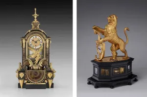 Two elaborate gilt-bronze clocks, one with classical figures and a spire and the other shaped like a lion