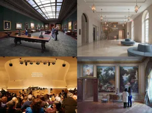Collage of four images of museum galleries, a museum reception hall, and an audience enjoying a concert in a curved auditorium