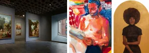 At left, a modernist gallery with a large window and colorful paintings; in the center, a colorful painting of a shirtless man reading a paper; at right, a painting of a woman with a large afro against a gold background