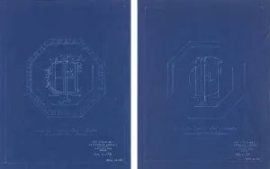 Two blueprint designs of a monogram featuring the letters H-C-F