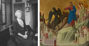 A woman seated in an office opposite an image of a painting of Christ casting out the Devil on top of a mountain with angels