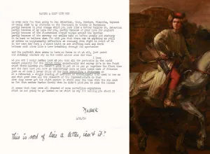 Manuscript of a poem opposite a painting detail of a soldier on horseback in a moody landscape