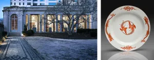 A museum gallery with large windows seen from the exterior opposite an image of a white porcelain plate with red dragon decorations