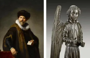 Painting of a man in a fur hat and fur-lined cloak opposite an image of a bronze angel with large wings