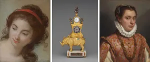 At left, a pastel of a woman with a red headband; at center, a gilded rhinoceros sculpture with a clock on its back; at right, a painting of a woman in a pink brocade dress with jewels and a high lace collar
