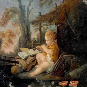 closeup or small child or cherub playing instrument in bucolic setting