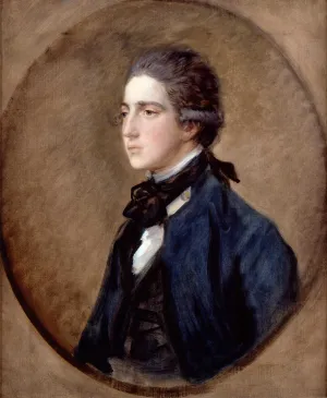 oil painting of young main dressed in black in profile with hair tied low