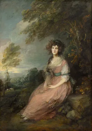 oil painting of woman in pink dress seated in bucolic setting