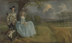 oil painting of husband, wife and dog seated by tree