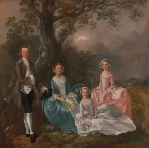 oil painting of family, mother, father and two daughters posing near tree