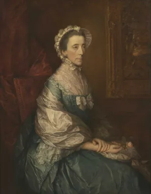 oil painting of older woman seated holding flower, and a bonnet on her head