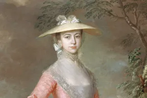 close up of painting woman in pink dress and hat